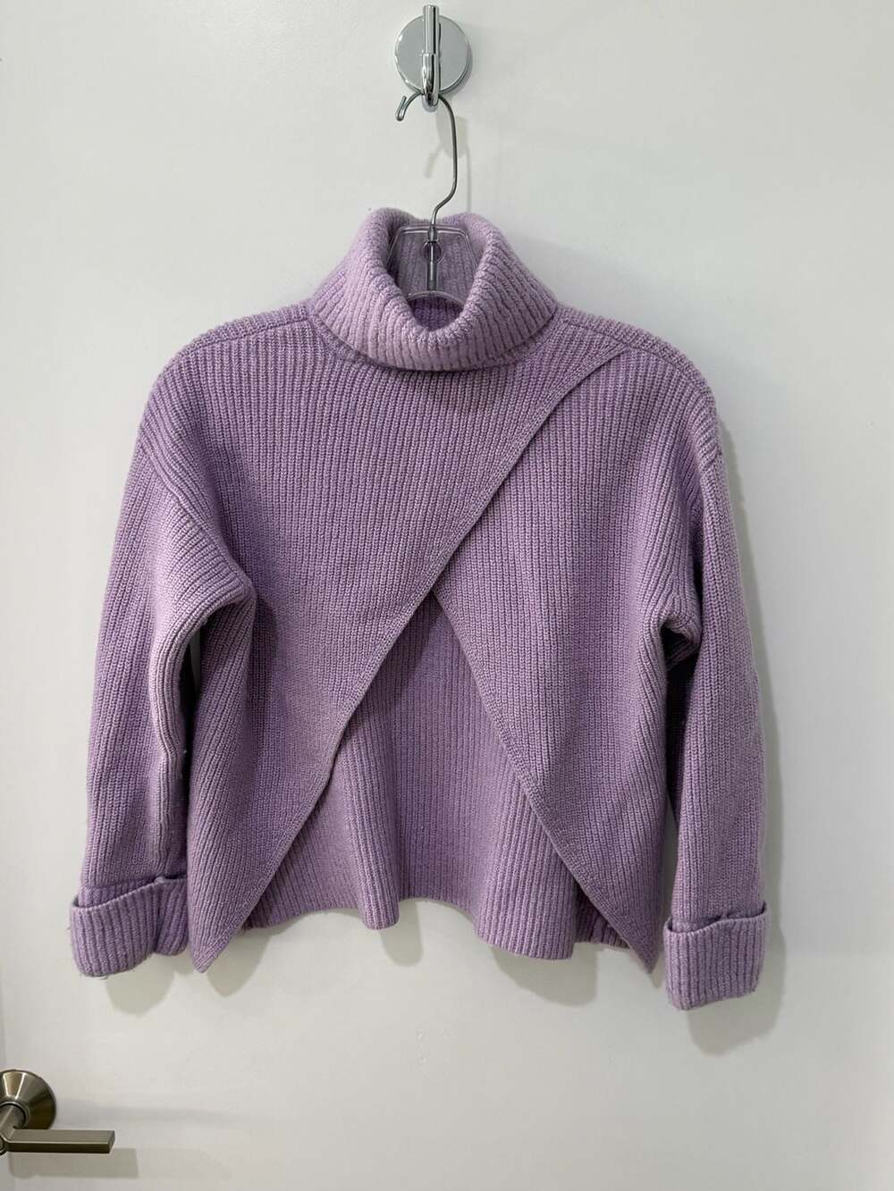 alice + olivia Lavender Ribbed Knit Turtleneck Sweater with Asymmetric Front Det - Picture 2 of 9